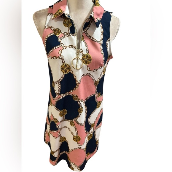 Boston Proper RETRO 60s twiggy style pink navy Sleeveless Chain Print dress - Picture 1 of 6